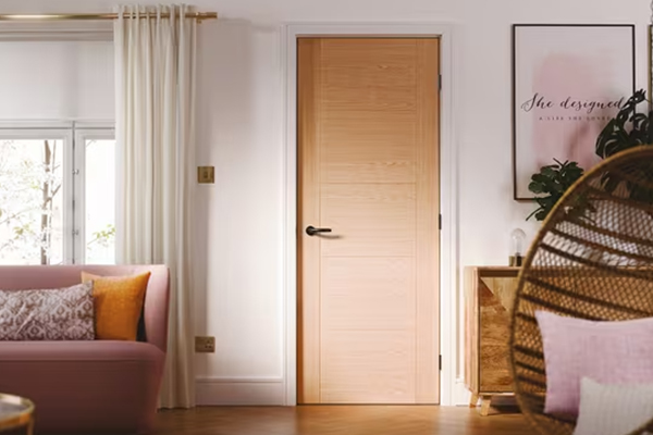 Light-stained custom solid wood interior door with horizontal grain, modern hardware, and clean design for premium residential & commercial spaces — Canada Wood Doors