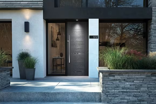 Modern exterior solid wood entrance door in sleek black finish with vertical grain, sidelights, and contemporary pull handle for luxury homes — Canada Wood Doors