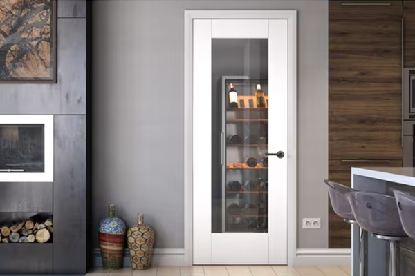 Custom white solid wood interior door with central glass-lite panel, showcasing a modern wine storage room entrance — Canada Wood Doors